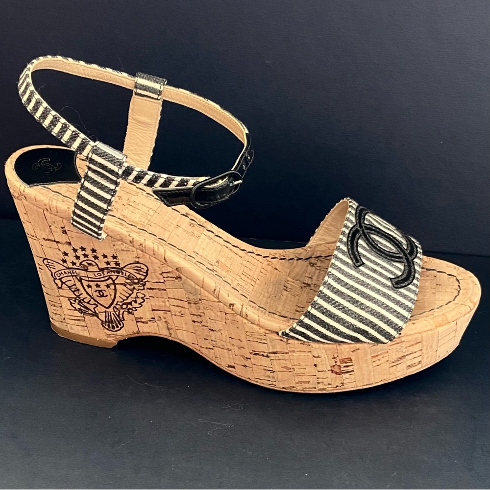 CHANEL Vintage Authentic Striped Fabric Platform Wedge Sandals w/ Cork Sole - Picture 4 of 15